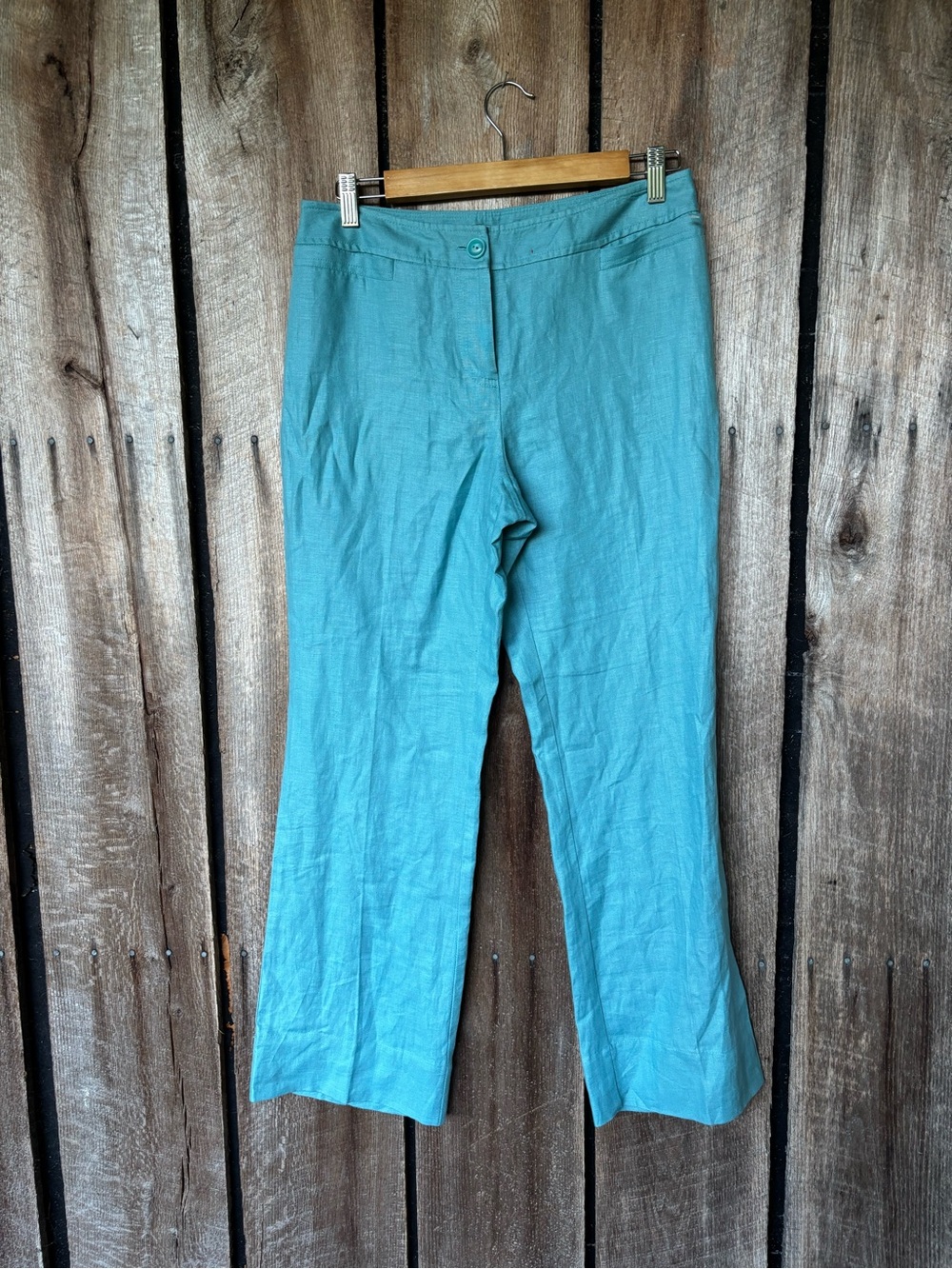 Style & Co Petite 8P Linen Pants Turquoise Blue Straight Leg Coastal Vacation
